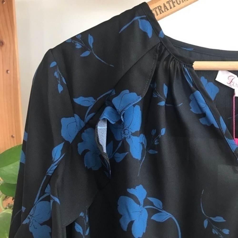 Parker Black Blue Floral Print Ruffle Long Sleeve Blouse Small - Picture 3 of 14
